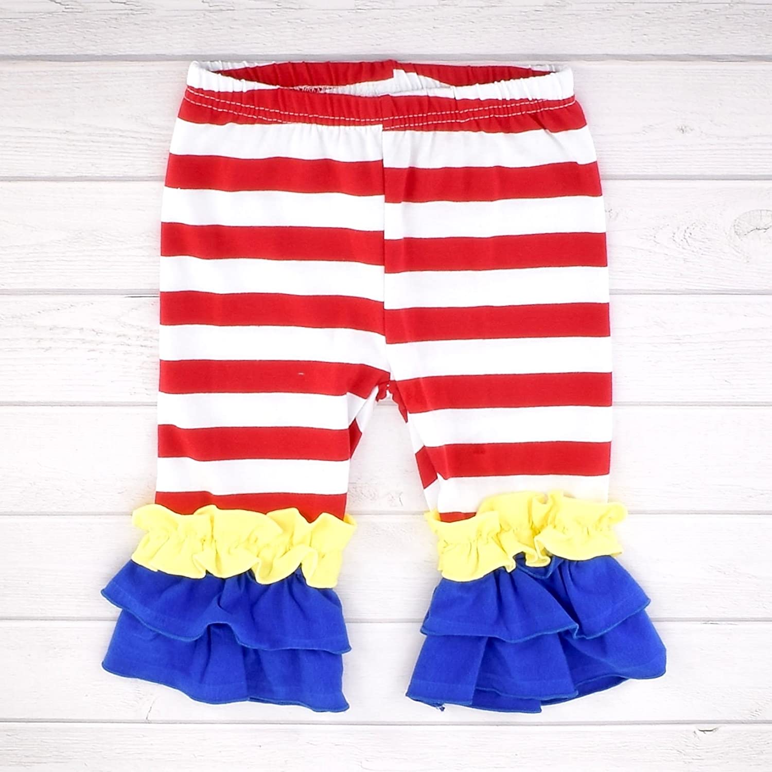Girls Back to School Red Apple Tunic with Ruffle Pants, featuring a blue top with apple applique and red striped capri pants.