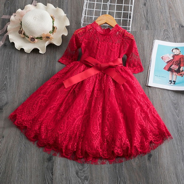 Red lace dress with hat.