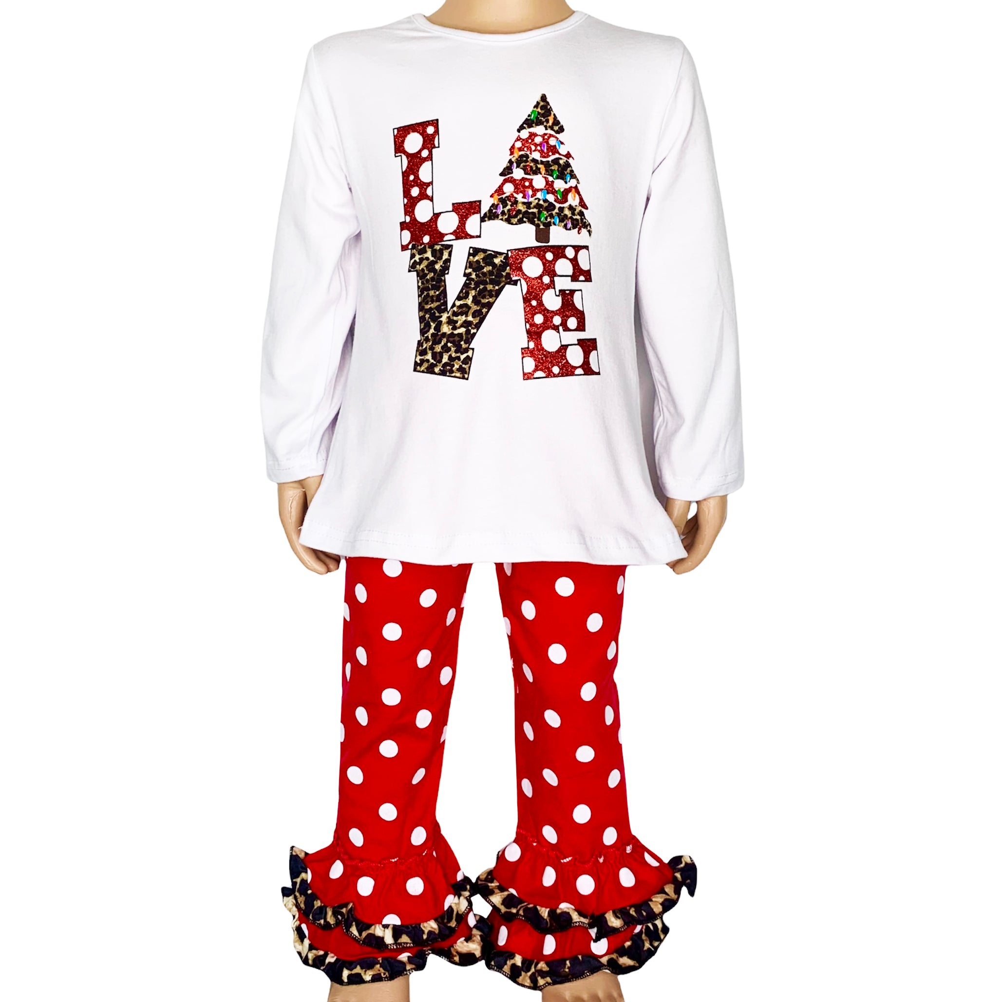 Girls LOVE Christmas outfit featuring a top with LOVE applique and red polka dot ruffle pants, perfect for festive occasions.