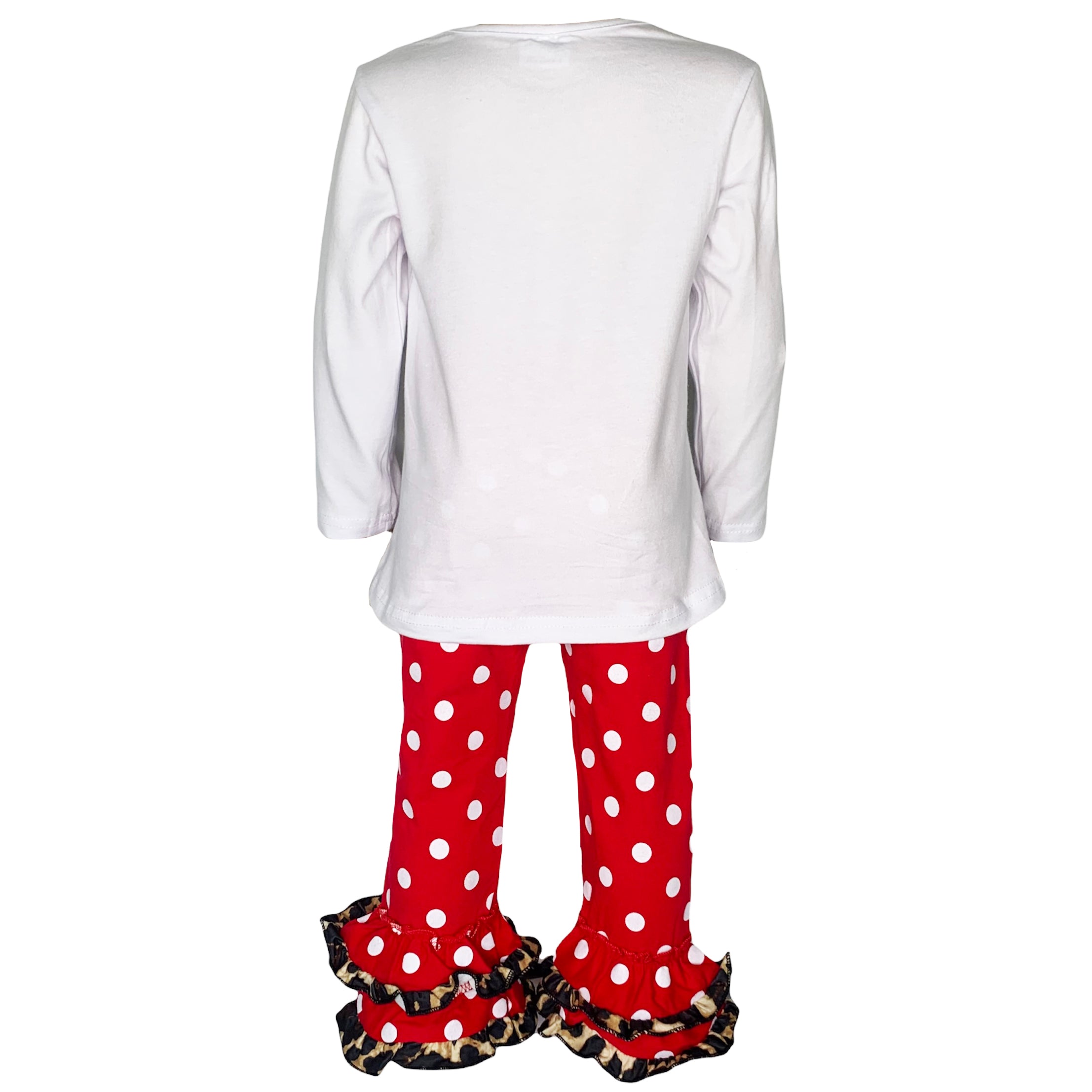 Girls LOVE Christmas outfit featuring a top with LOVE applique and red polka dot ruffle pants, perfect for festive occasions.