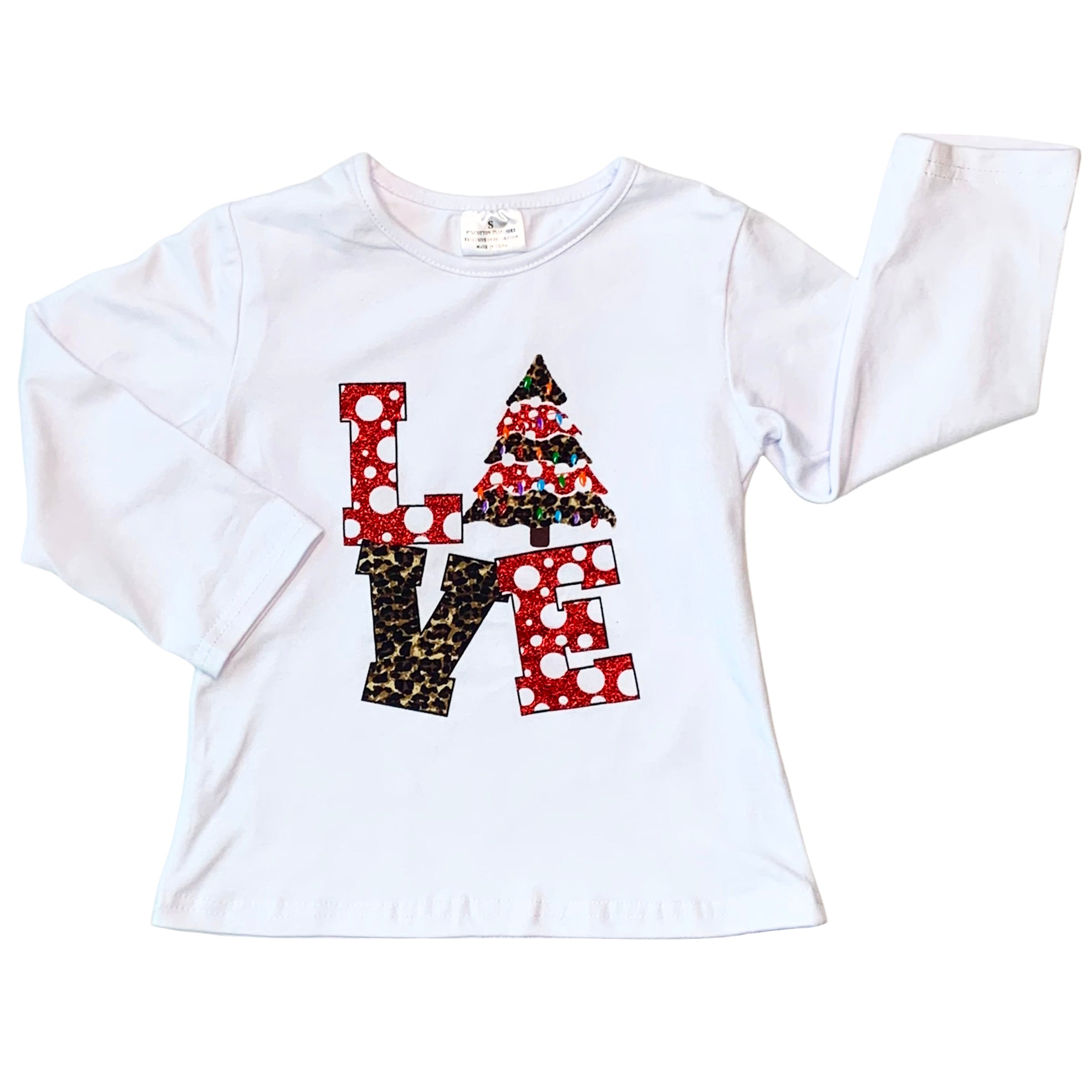 Girls LOVE Christmas outfit featuring a top with LOVE applique and red polka dot ruffle pants, perfect for festive occasions.