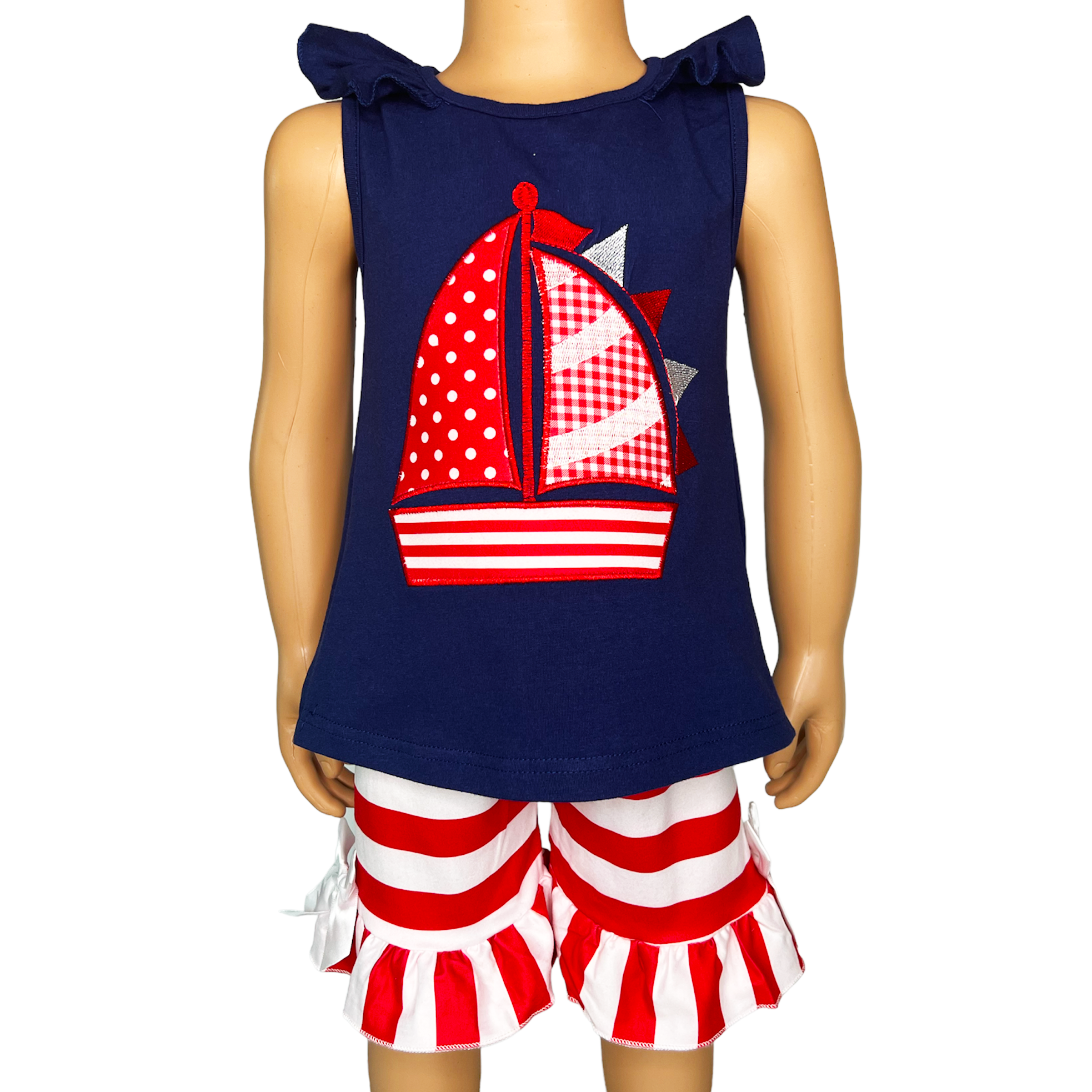 Girls Nautical Sailboat Tank Top with Ruffled Cap Sleeves and Red and White Striped Ruffle Shorts with Bows.