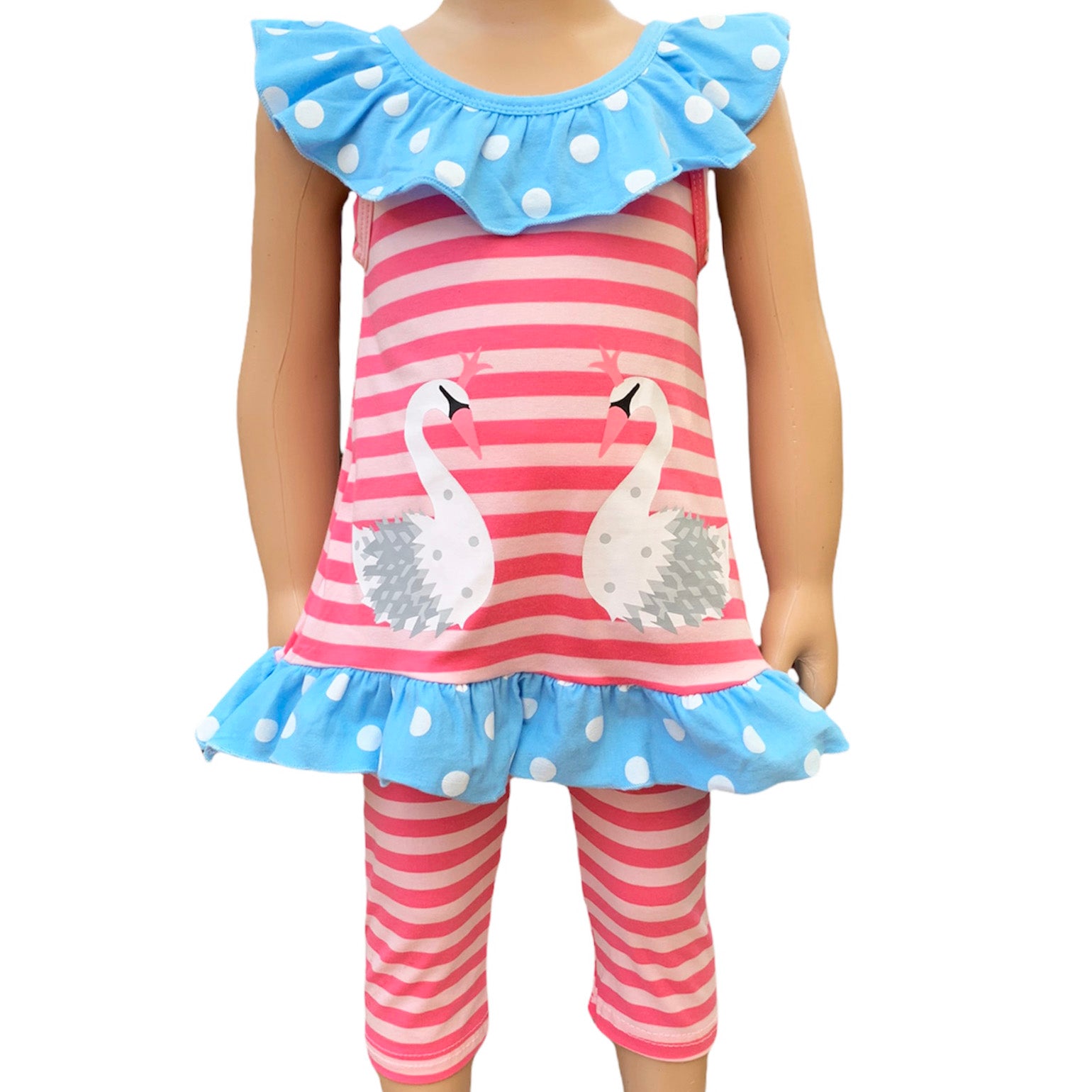Girls Pink Swan Princess Striped Tunic with Capri Leggings, featuring a blue polka dot ruffle collar and swan applique.