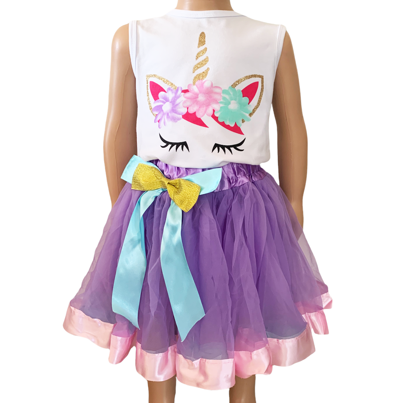 Girls Unicorn Tank Top featuring a silk screen unicorn design paired with a purple tulle skirt with pink satin trim and blue satin bow.
