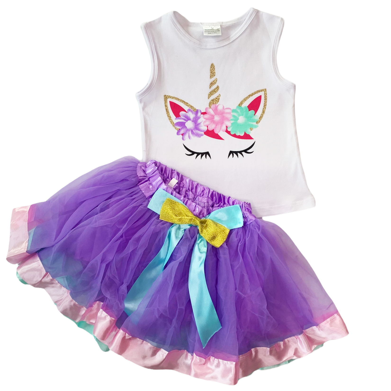 Girls Unicorn Tank Top featuring a silk screen unicorn design paired with a purple tulle skirt with pink satin trim and blue satin bow.