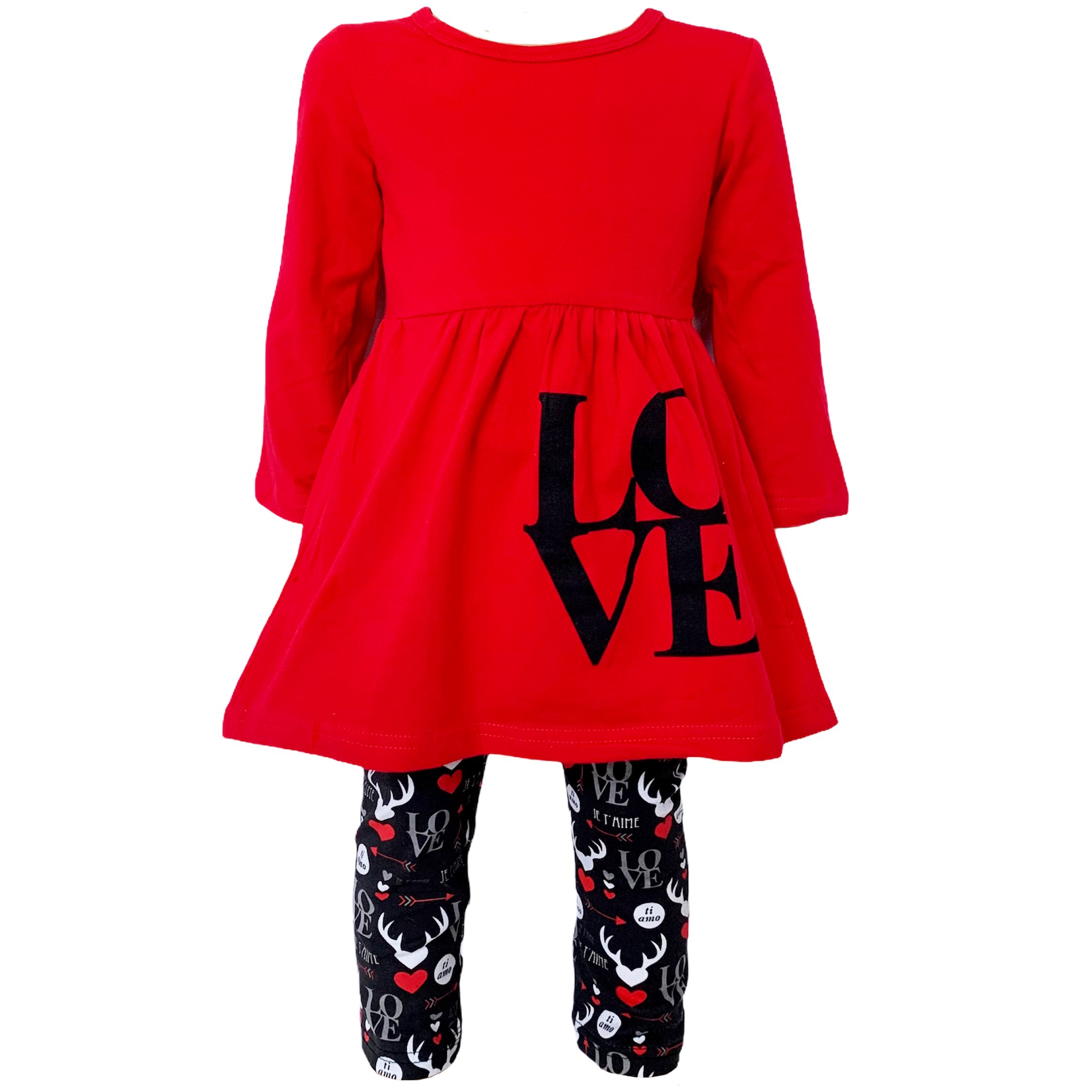 Girls Valentine's Day outfit featuring a red long sleeve tunic with LOVE applique, whimsical black leggings, and a coordinating scarf.