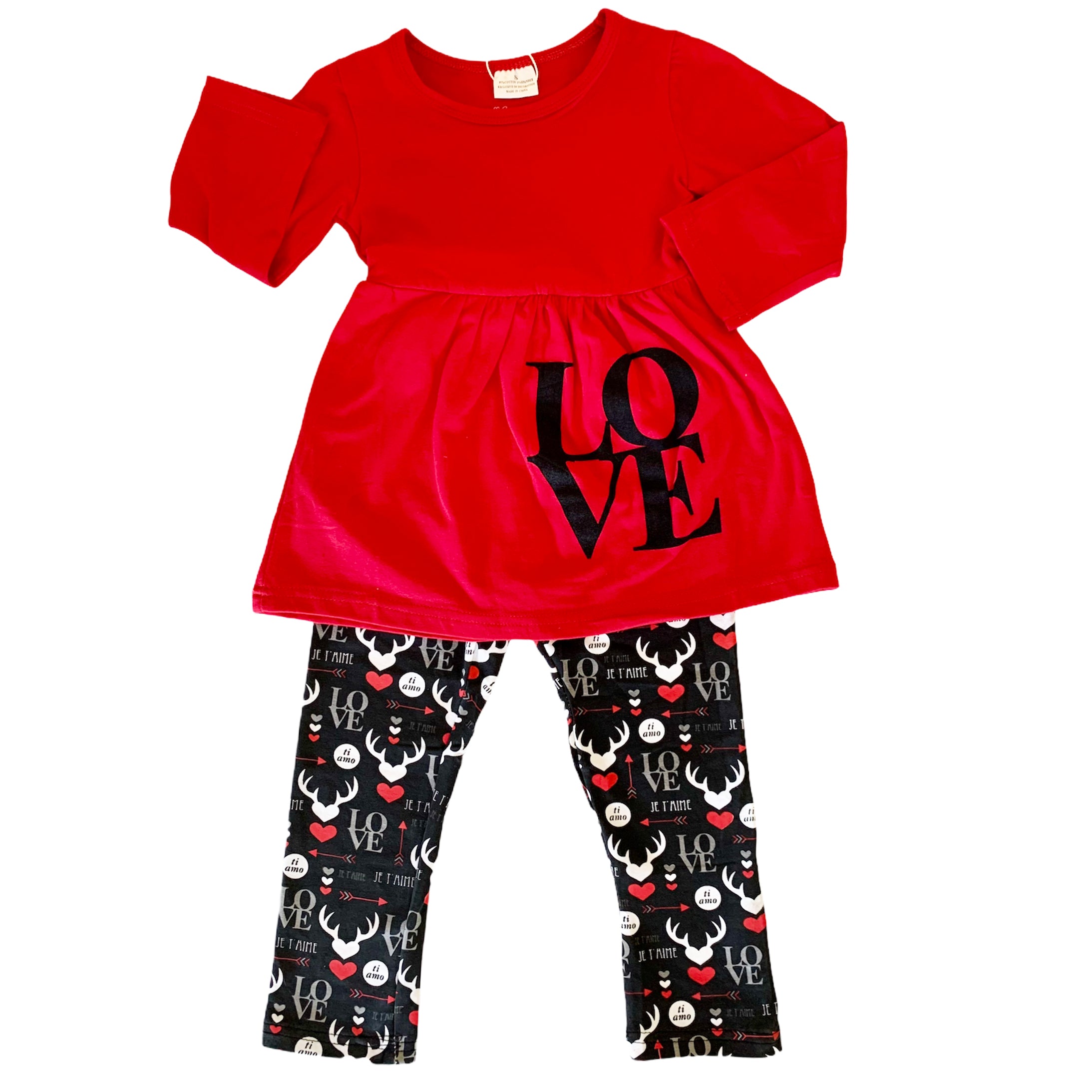 Girls Valentine's Day outfit featuring a red long sleeve tunic with LOVE applique, whimsical black leggings, and a coordinating scarf.