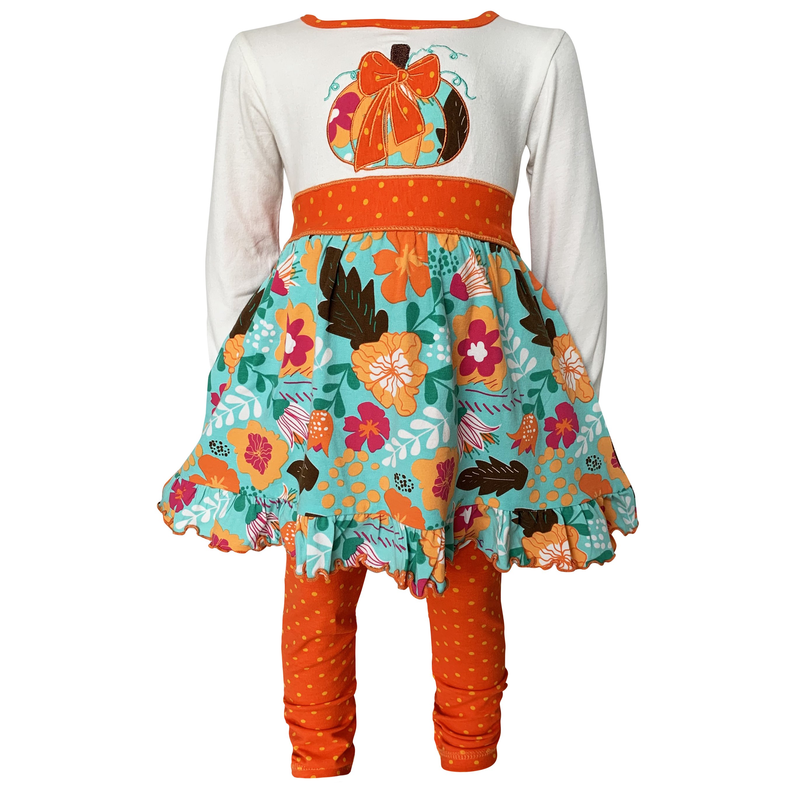 Girls vibrant autumn floral pumpkin dress with leggings, featuring a cream tunic with an embroidered pumpkin patch and orange polka dot ruffle.