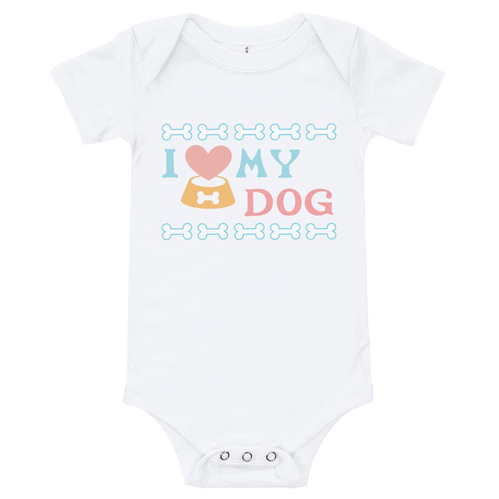 I Love My Dog Baby Bodysuit in soft cotton, featuring an envelope neckline and snap closures, perfect for dog-loving infants.