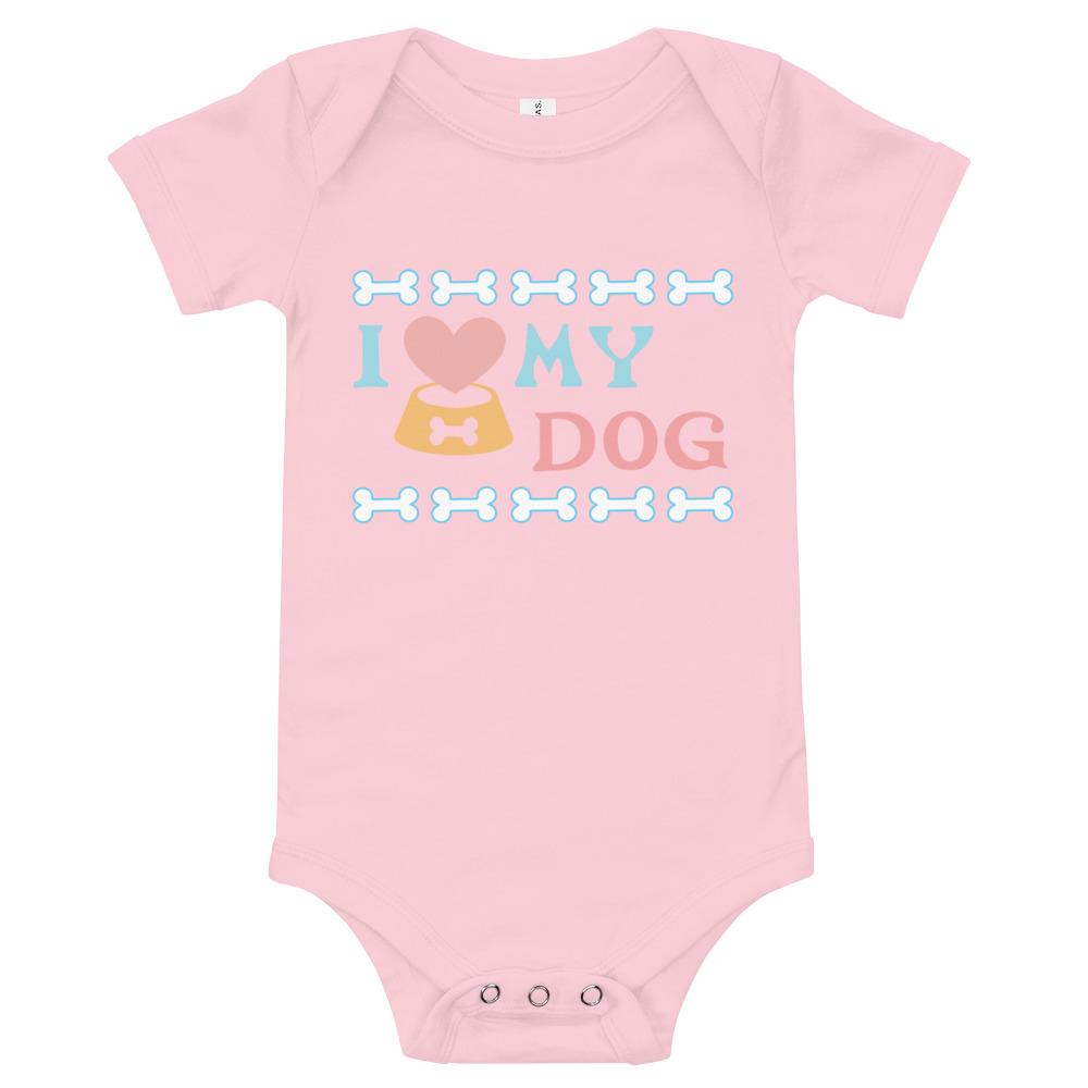 I Love My Dog Baby Bodysuit in soft cotton, featuring an envelope neckline and snap closures, perfect for dog-loving infants.