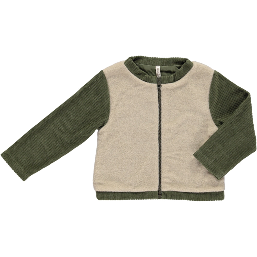 Jacket Arizona Khaki featuring zip closure, round collar, and velvet corduroy sleeves, designed for babies with side pockets.