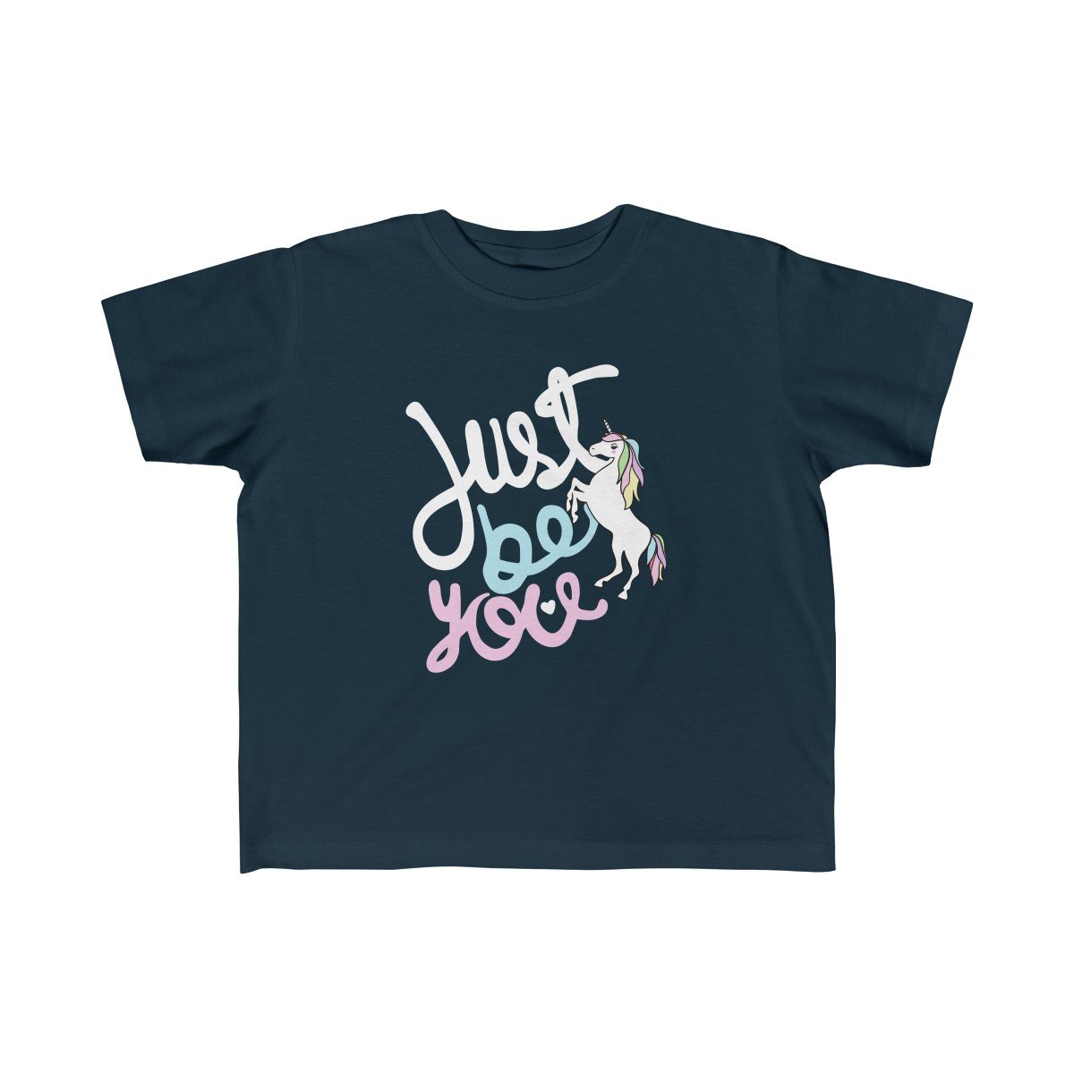 A soft and colorful Just Be You Unicorn Girl Tee featuring a vibrant unicorn design, perfect for toddlers.