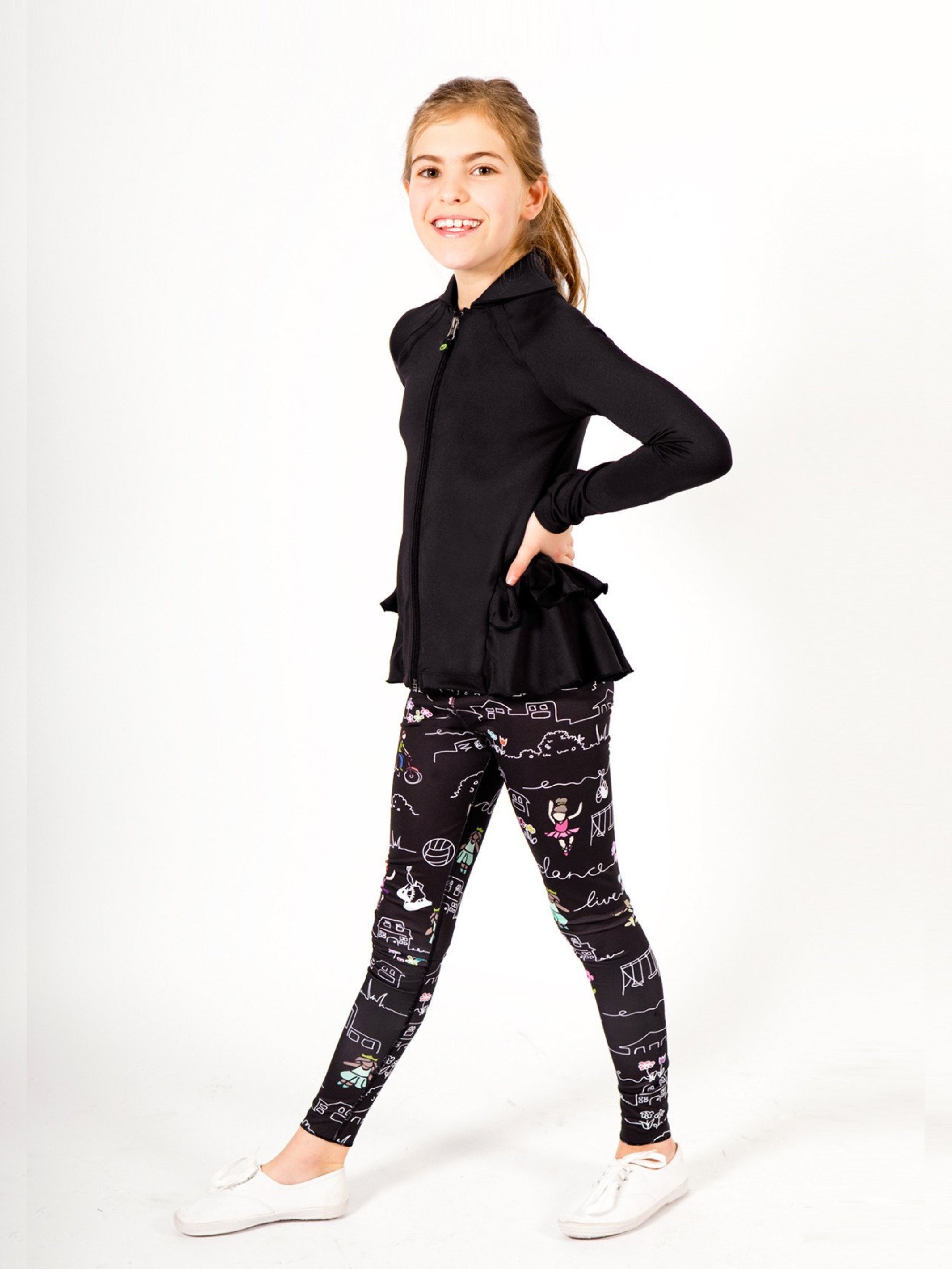 Katja Printed Leggings by Limeapple featuring a wide waistband and vibrant prints, perfect for active girls.