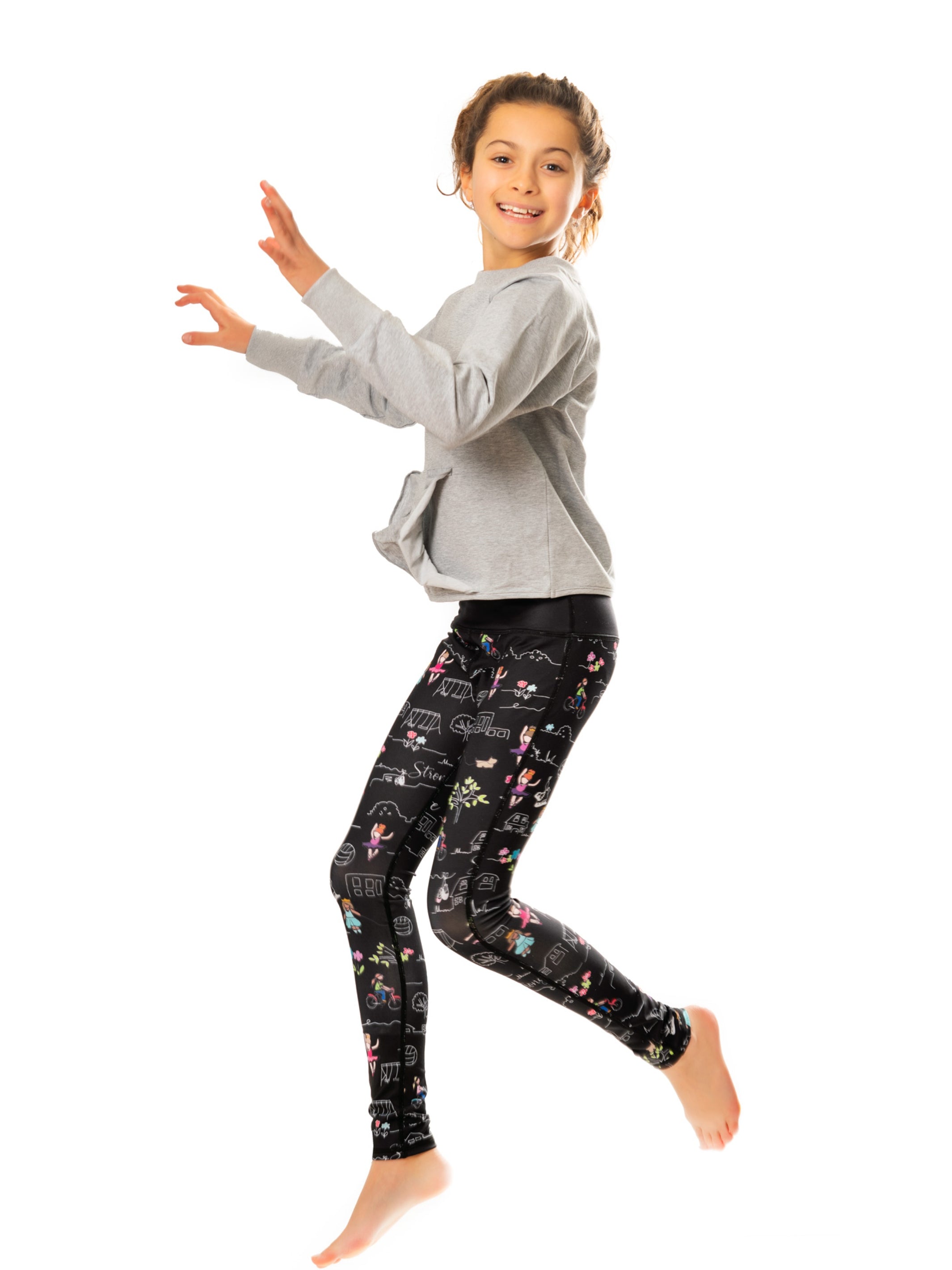 Katja Printed Leggings by Limeapple featuring a wide waistband and vibrant prints, perfect for active girls.