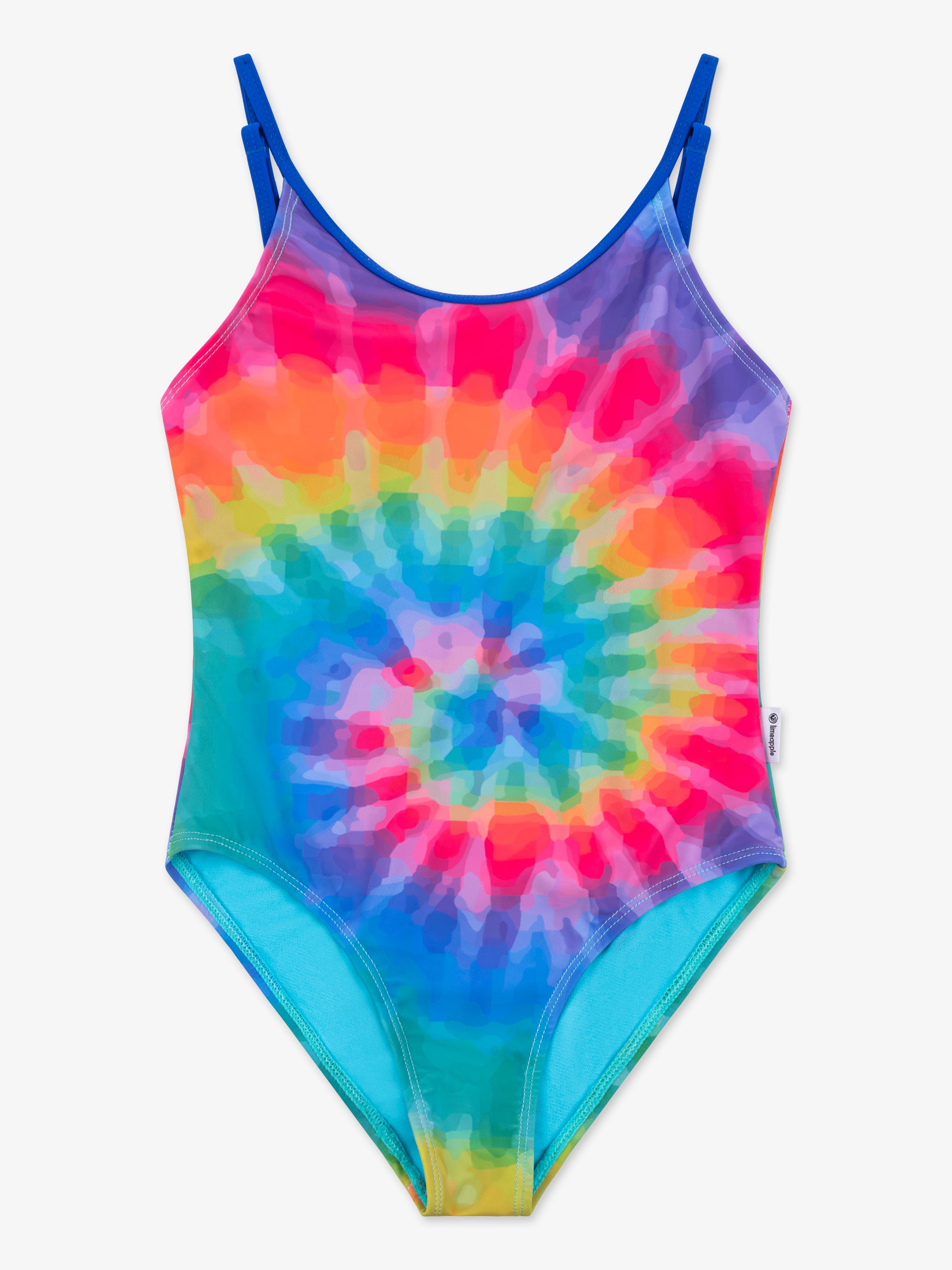 KELLY Printed One Piece Swimsuit featuring a colorful rainbow tie-dye design, scoop back, and adjustable straps.