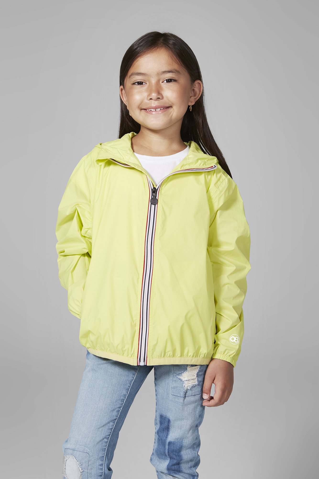Kids Citrus Full Zip Packable Rain Jacket in vibrant color, showcasing its waterproof and breathable design.