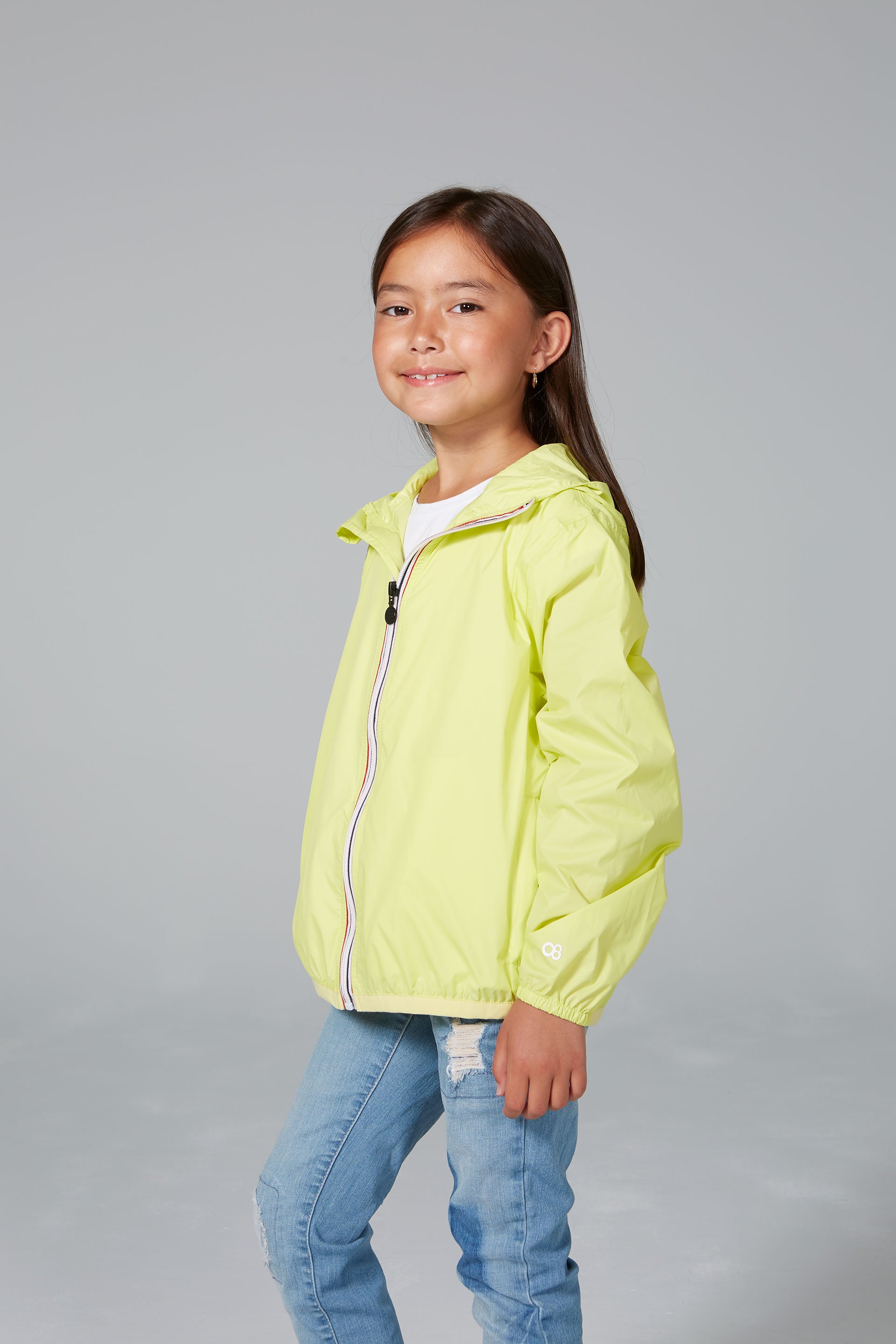 Kids Citrus Full Zip Packable Rain Jacket in vibrant color, showcasing its waterproof and breathable design.