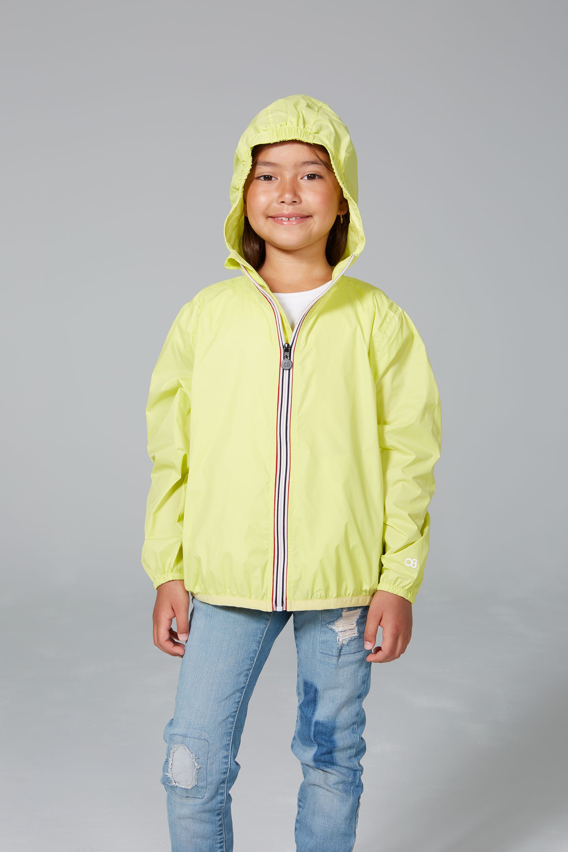 Kids Citrus Full Zip Packable Rain Jacket in vibrant color, showcasing its waterproof and breathable design.