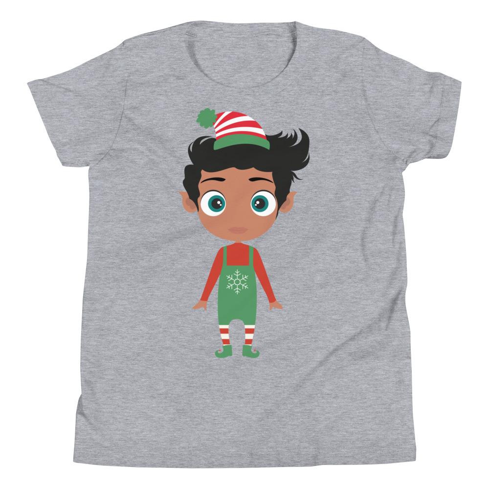 Kritter Christmas Elf Boy Kids T-Shirt in festive design, made from soft jersey cotton, perfect for holiday celebrations.