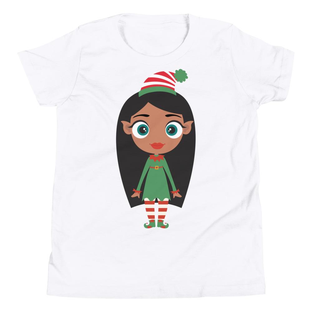 Kritter Christmas Elf Girl Kids T-Shirt in festive design, made from soft jersey cotton, perfect for holiday celebrations.