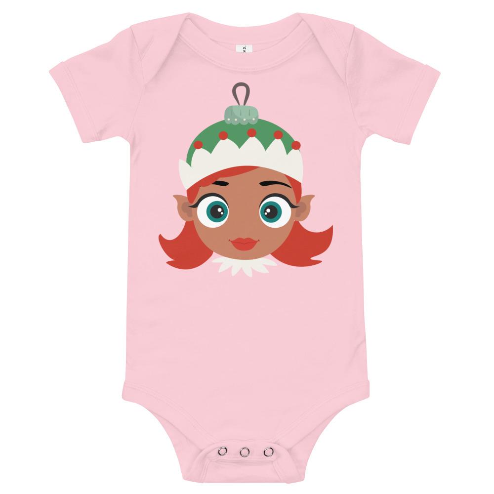 Kritter Christmas Elf Girl Ornament Baby Bodysuit in festive design, featuring soft cotton fabric and three snap leg closure.
