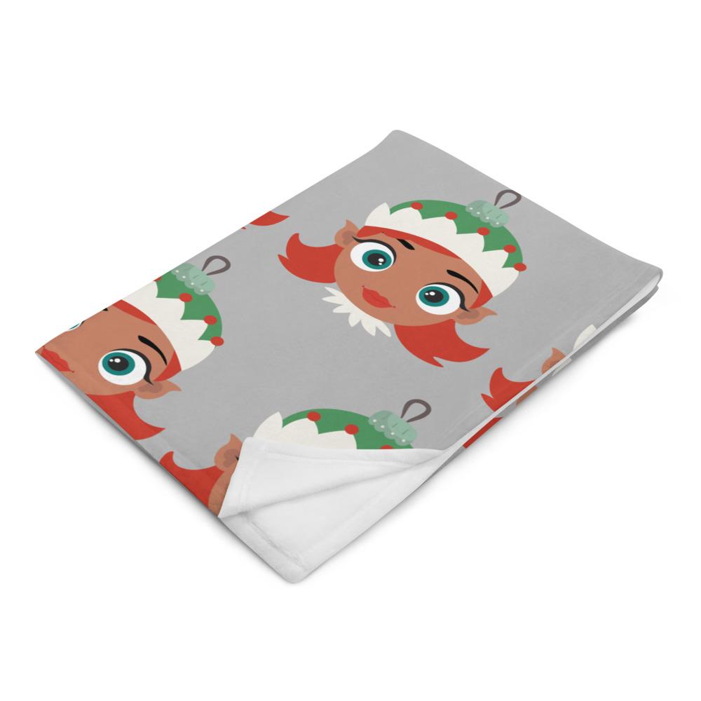 Kritter Christmas Elf Girl Throw Blanket featuring a vibrant elf design on soft fabric, perfect for cozying up during the holidays.