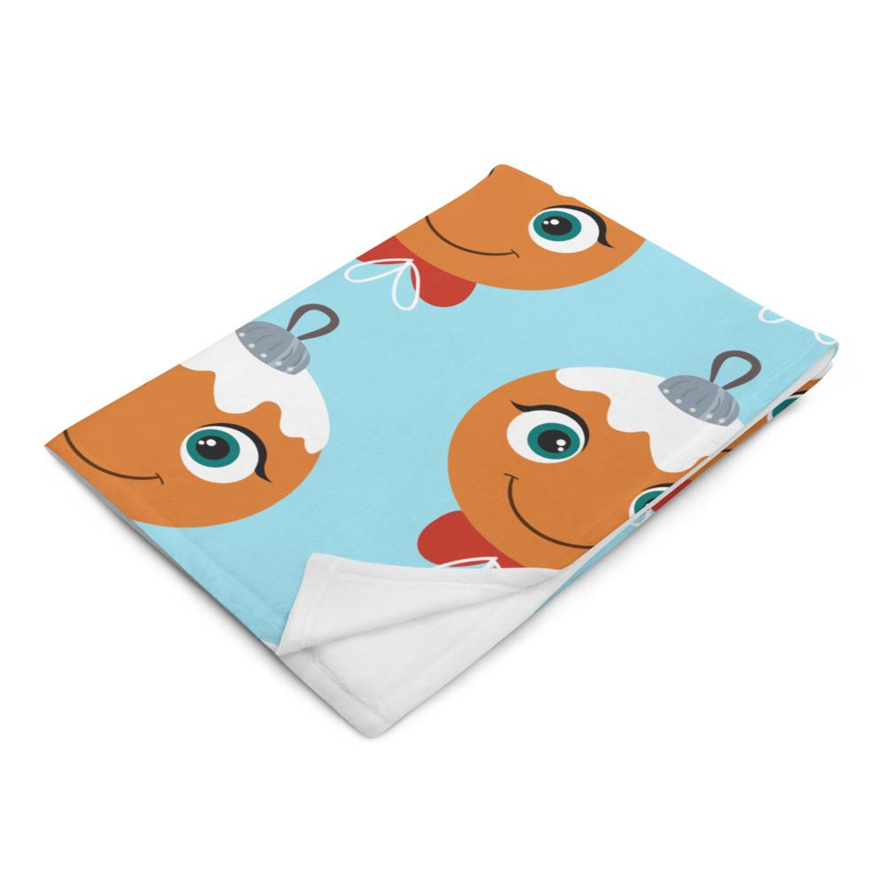 Kritter Christmas Gingerbread Ornament Throw Blanket in blue with gingerbread design and white reverse side, perfect for festive decor.