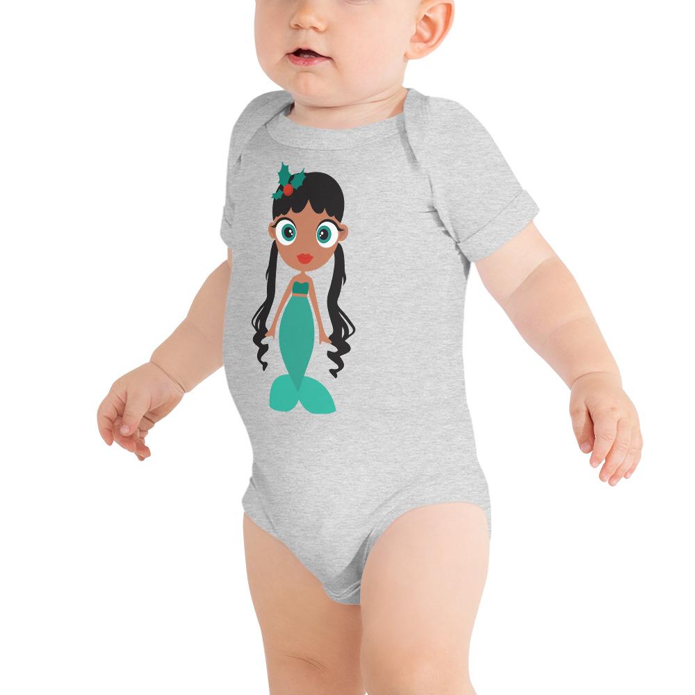 Kritter Christmas Mermaid Baby Bodysuit in soft cotton with festive design, featuring an envelope neckline and snap closures.