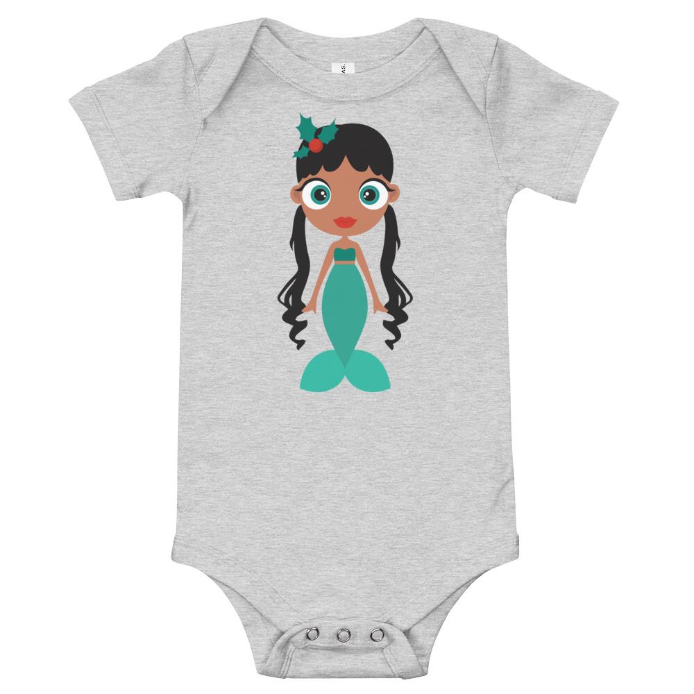 Kritter Christmas Mermaid Baby Bodysuit in soft cotton with festive design, featuring an envelope neckline and snap closures.