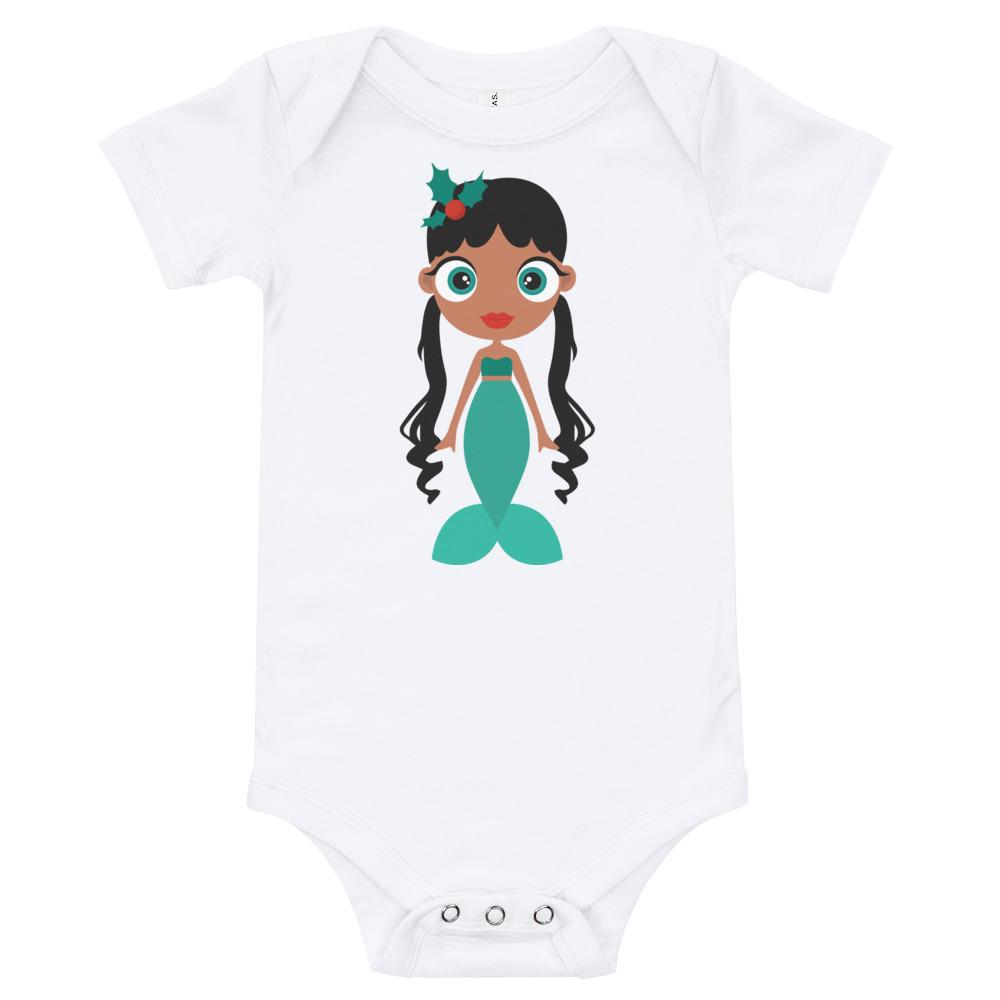 Kritter Christmas Mermaid Baby Bodysuit in soft cotton with festive design, featuring an envelope neckline and snap closures.