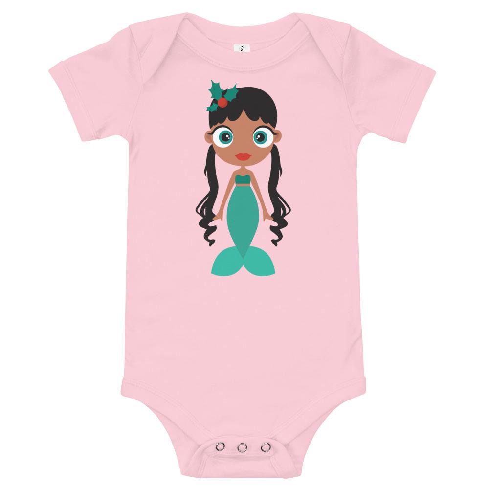 Kritter Christmas Mermaid Baby Bodysuit in soft cotton with festive design, featuring an envelope neckline and snap closures.