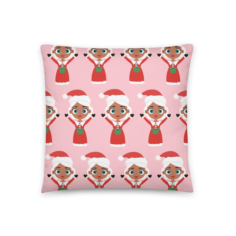 Kritter Christmas Mrs Claus Throw Pillow in pink with hidden zipper and polyester insert, perfect for festive home decor.