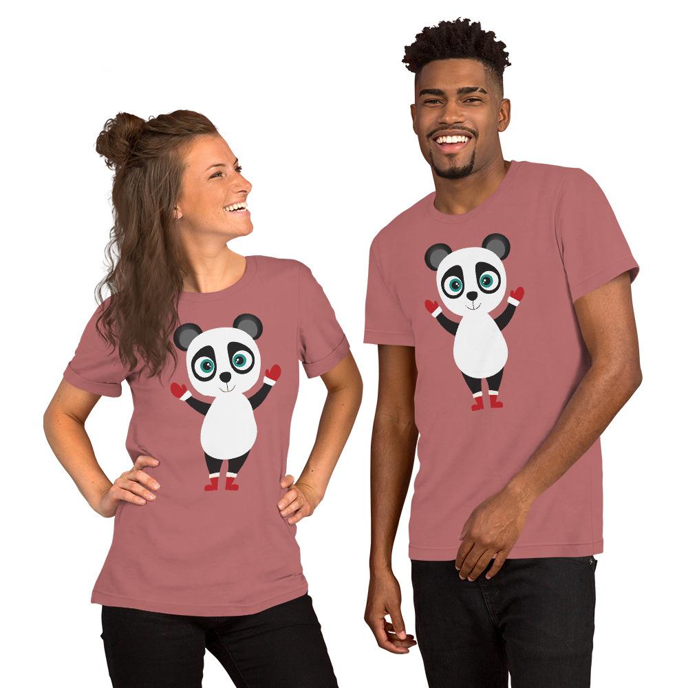 Kritter Christmas Panda Adult Unisex T-Shirt featuring a cute panda design, made from soft cotton fabric, available in various sizes.