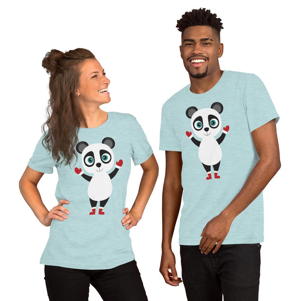 Kritter Christmas Panda Adult Unisex T-Shirt featuring a cute panda design, made from soft cotton fabric, available in various sizes.