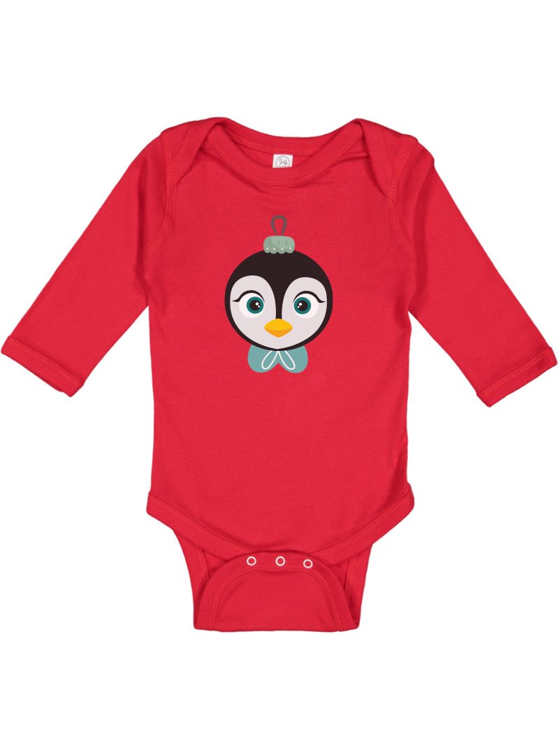 Kritter Christmas Penguin Ornament Long Sleeve bodysuit featuring a cute penguin graphic, perfect for babies during the holiday season.