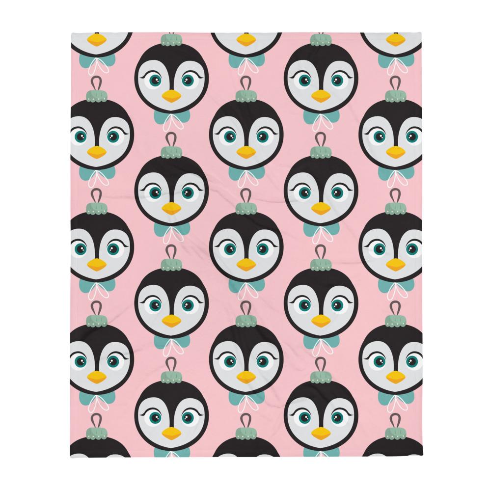 Kritter Christmas Penguin Ornament Throw Blanket in pink with a festive penguin design and white reverse side, perfect for holiday decor.