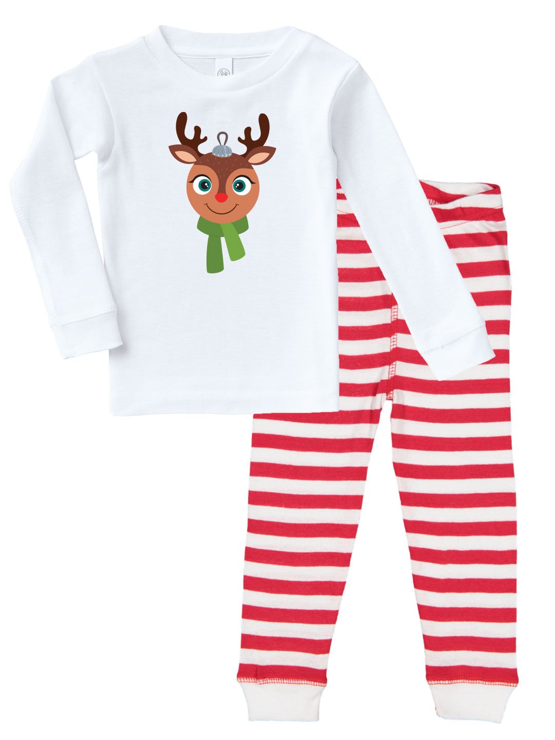 Kritter Christmas Rudolph Reindeer Pajama Set for infants and toddlers featuring a cute reindeer design in festive colors.