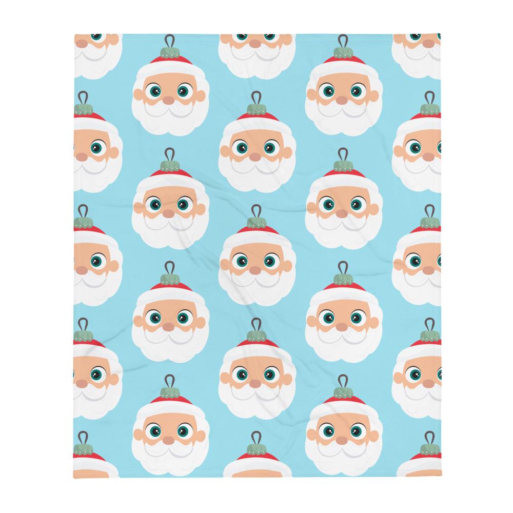 Kritter Christmas Santa Claus Ornament Throw Blanket in blue with a festive Santa design and white reverse side, perfect for holiday decor.