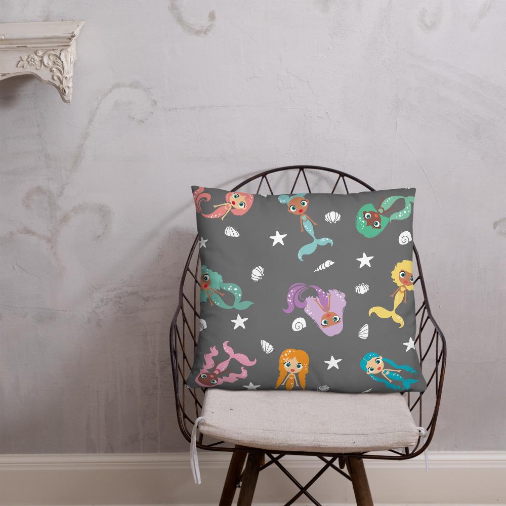 Kritter Mermaid Graphic Throw Pillow featuring a colorful mermaid design on a soft polyester fabric with a hidden zipper.