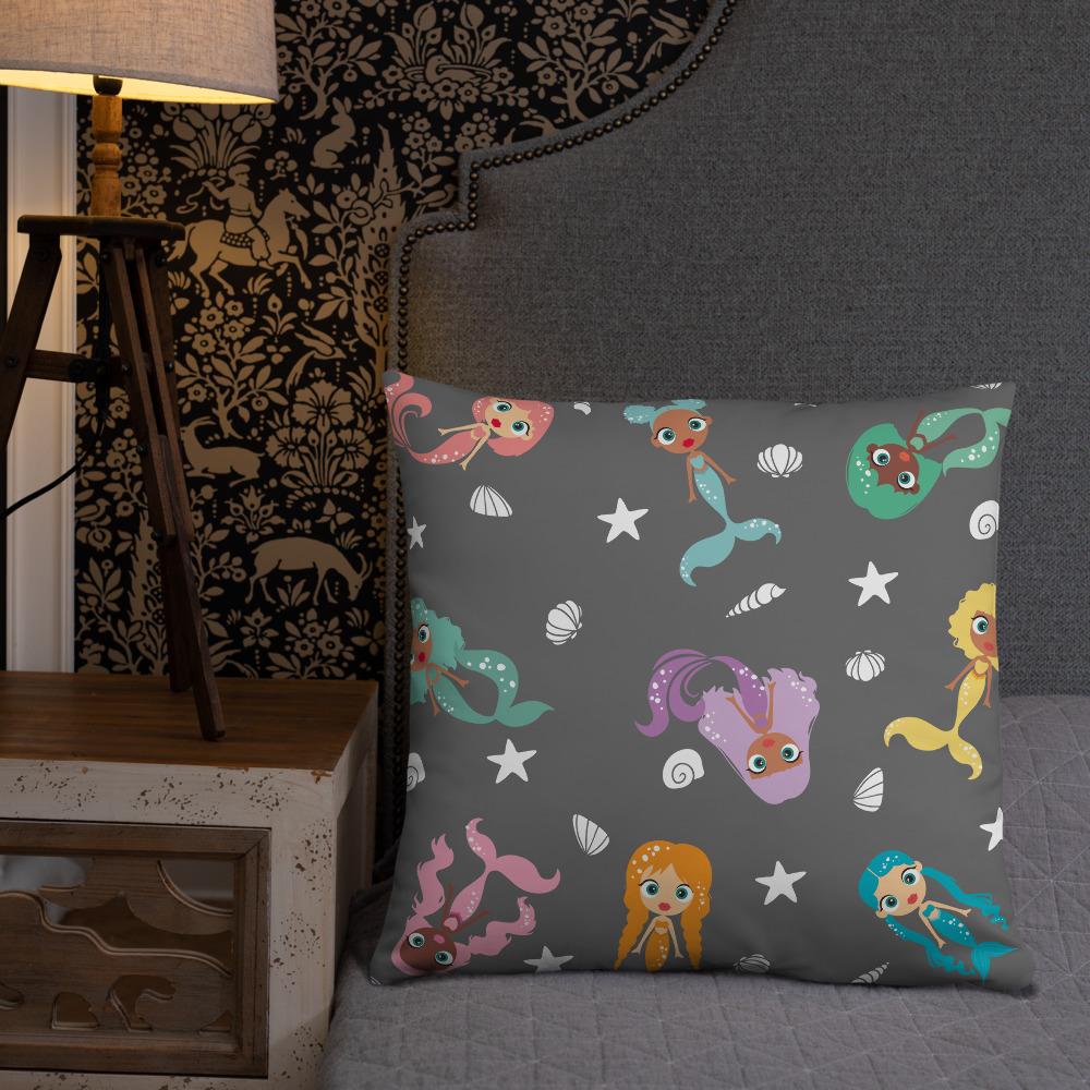 Kritter Mermaid Graphic Throw Pillow featuring a colorful mermaid design on a soft polyester fabric with a hidden zipper.