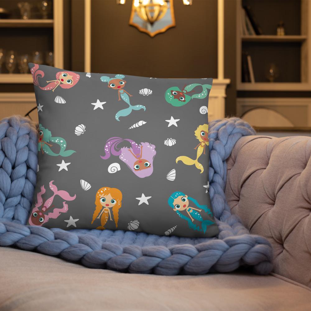 Kritter Mermaid Graphic Throw Pillow featuring a colorful mermaid design on a soft polyester fabric with a hidden zipper.