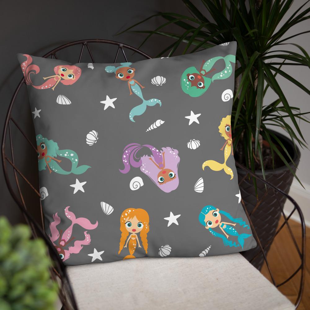 Kritter Mermaid Graphic Throw Pillow featuring a colorful mermaid design on a soft polyester fabric with a hidden zipper.