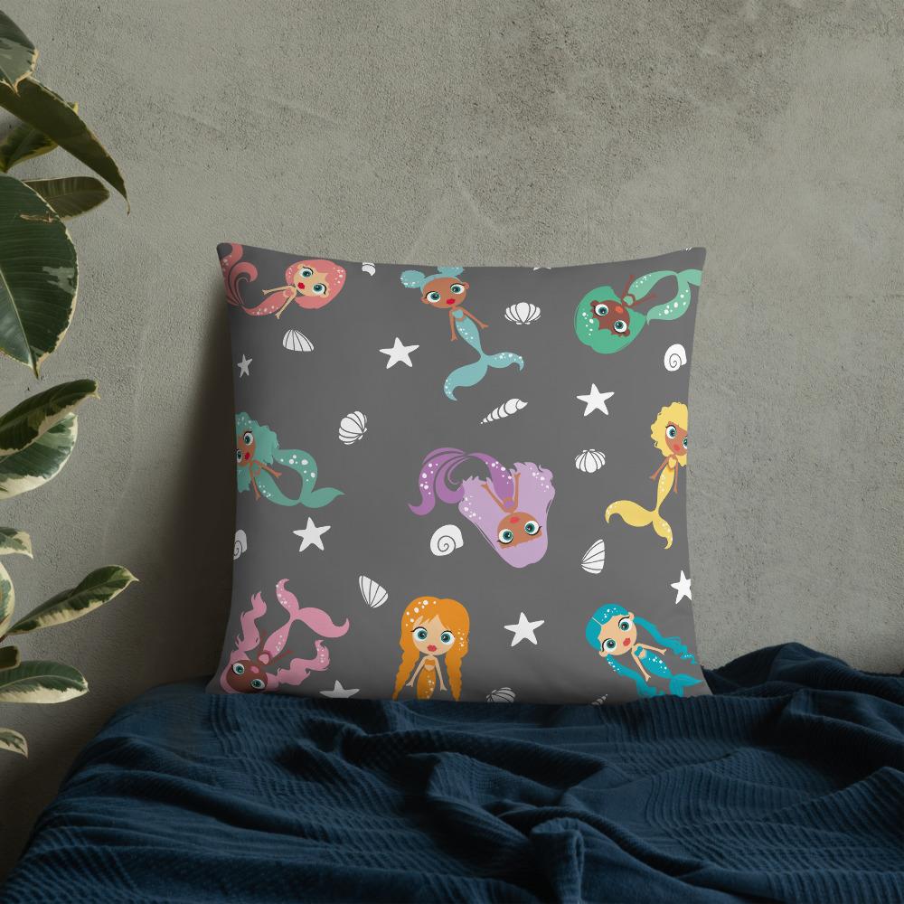 Kritter Mermaid Graphic Throw Pillow featuring a colorful mermaid design on a soft polyester fabric with a hidden zipper.