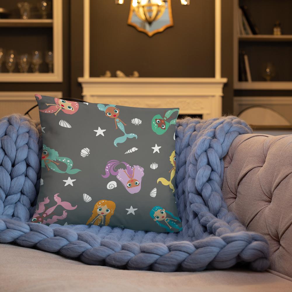 Kritter Mermaid Graphic Throw Pillow featuring a colorful mermaid design on a soft polyester fabric with a hidden zipper.