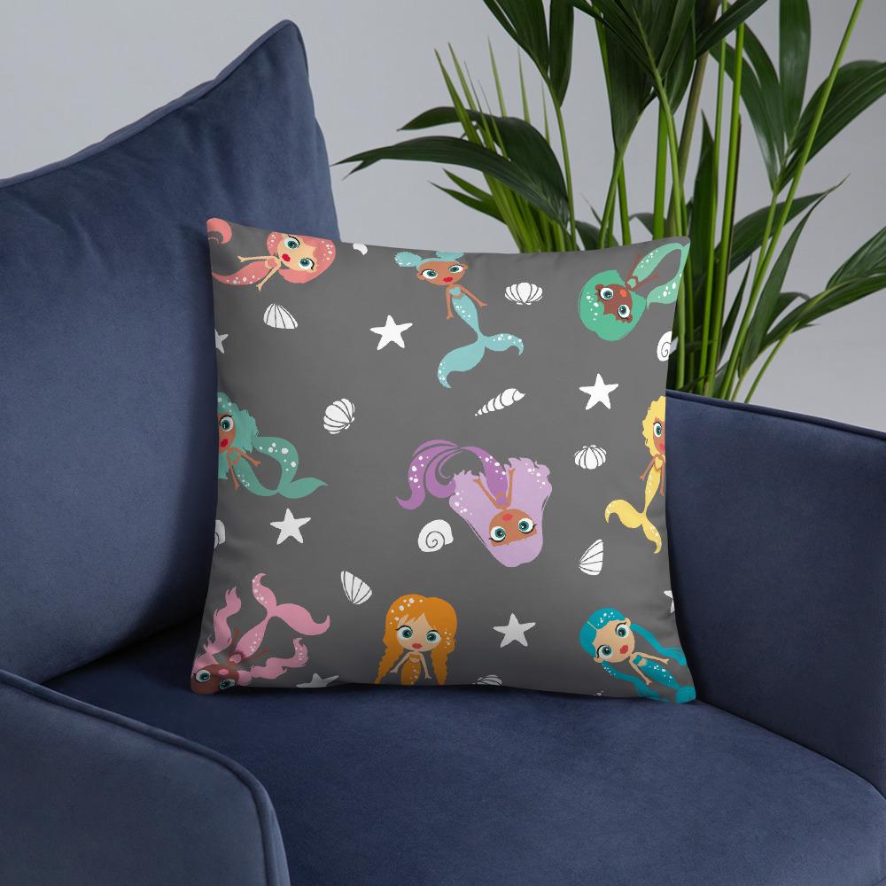 Kritter Mermaid Graphic Throw Pillow featuring a colorful mermaid design on a soft polyester fabric with a hidden zipper.