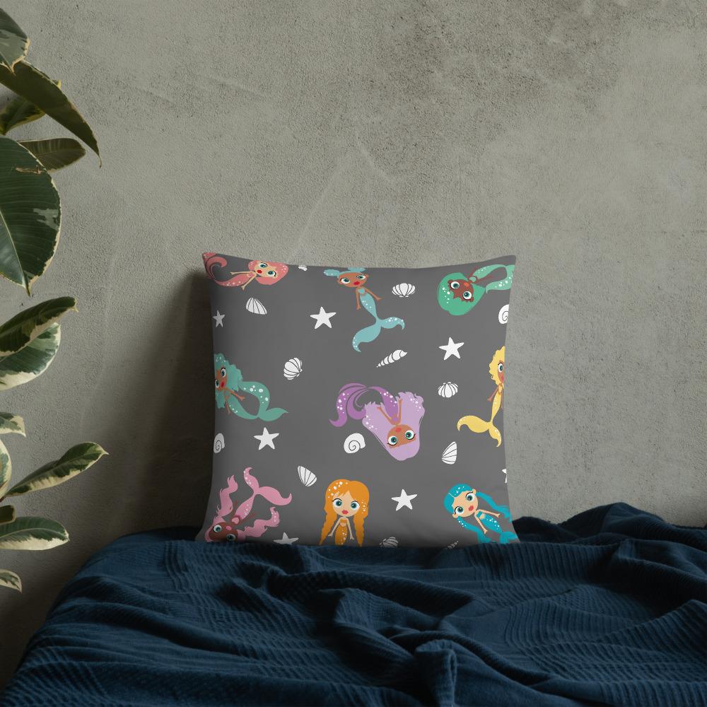 Kritter Mermaid Graphic Throw Pillow featuring a colorful mermaid design on a soft polyester fabric with a hidden zipper.