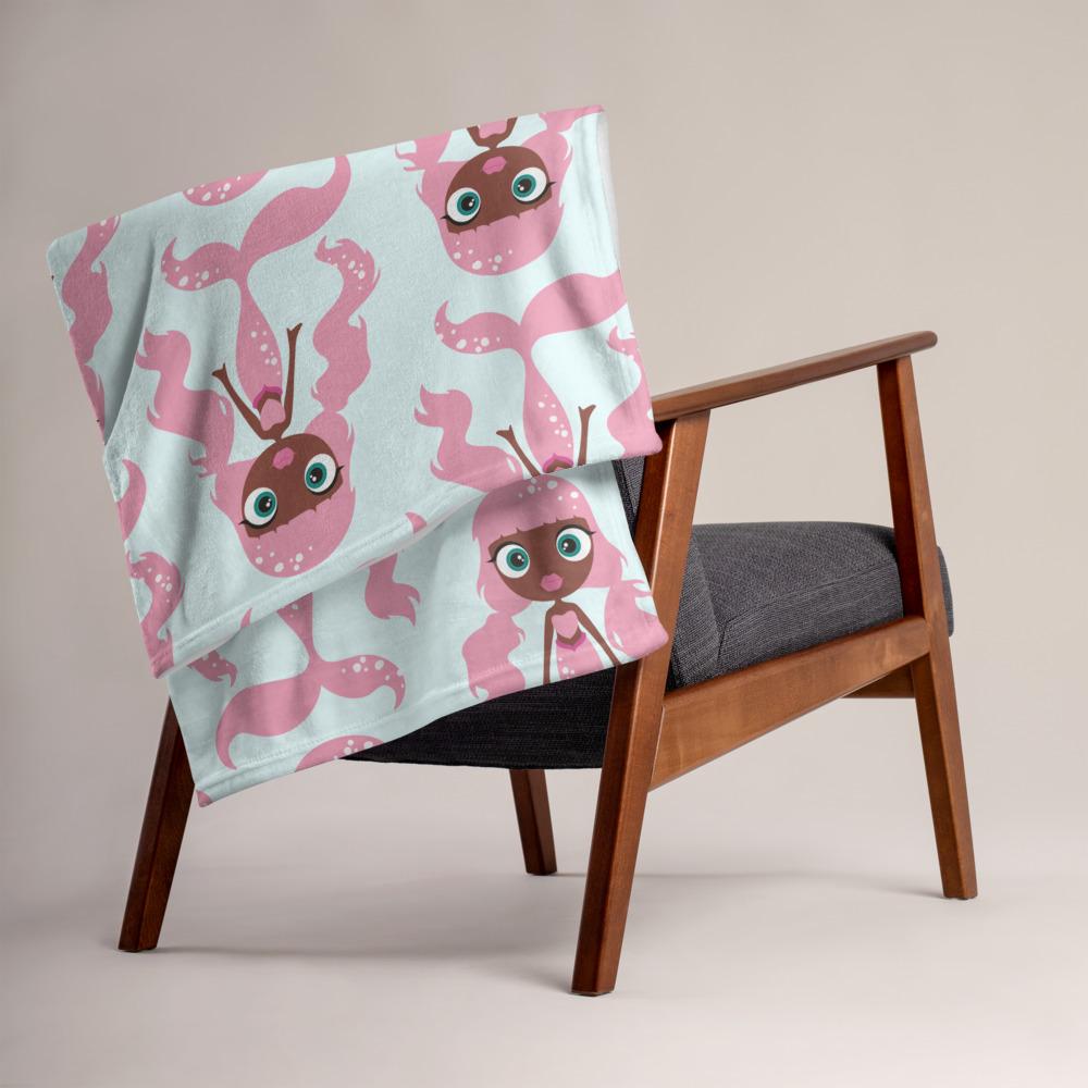 Kritter Mermaid Throw Blanket featuring an African American mermaid design on soft silk touch fabric, with a white reverse side.