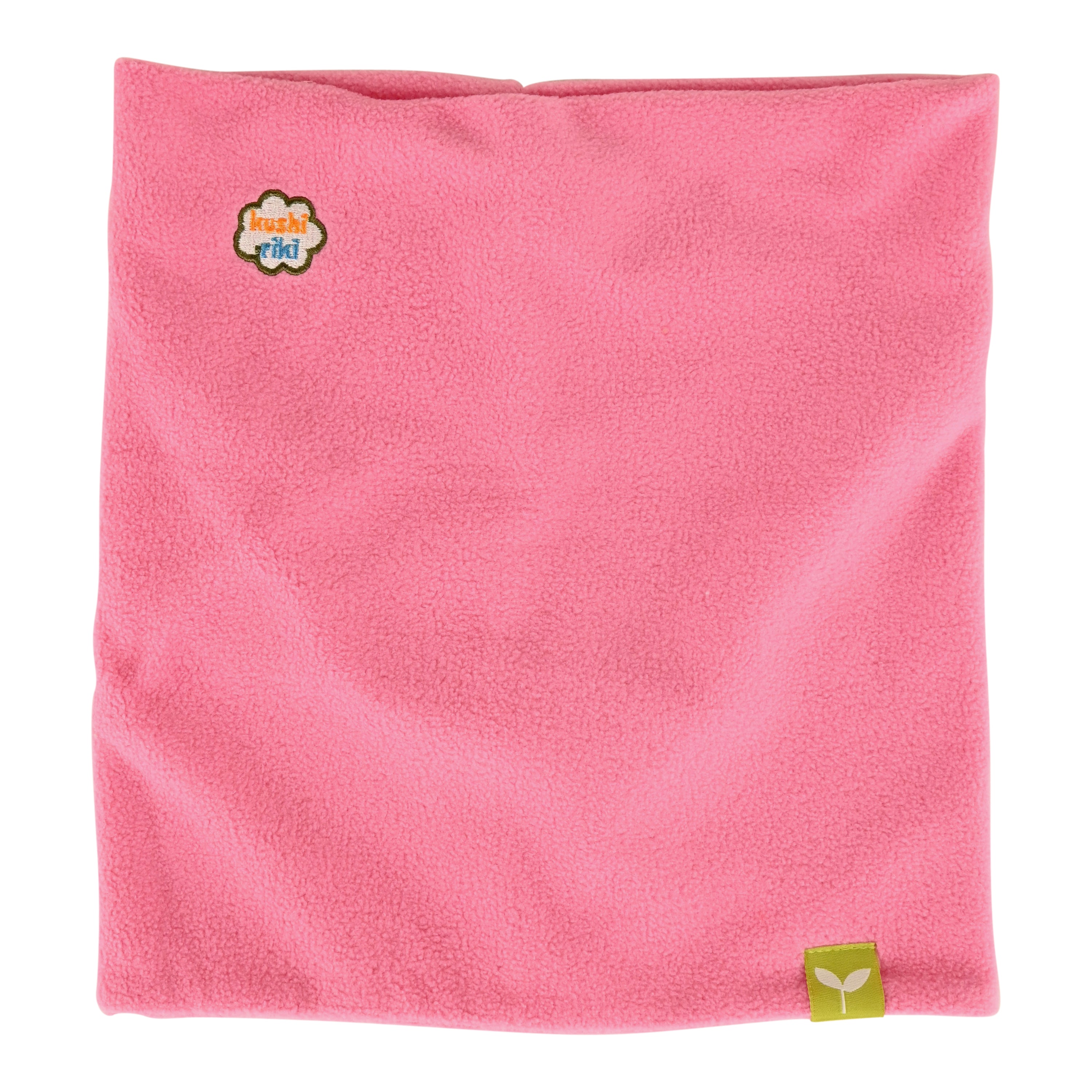 Kids Neck Gaiter made of double-layered cozy fleece, featuring a stylish logo patch and seamless design for comfort.