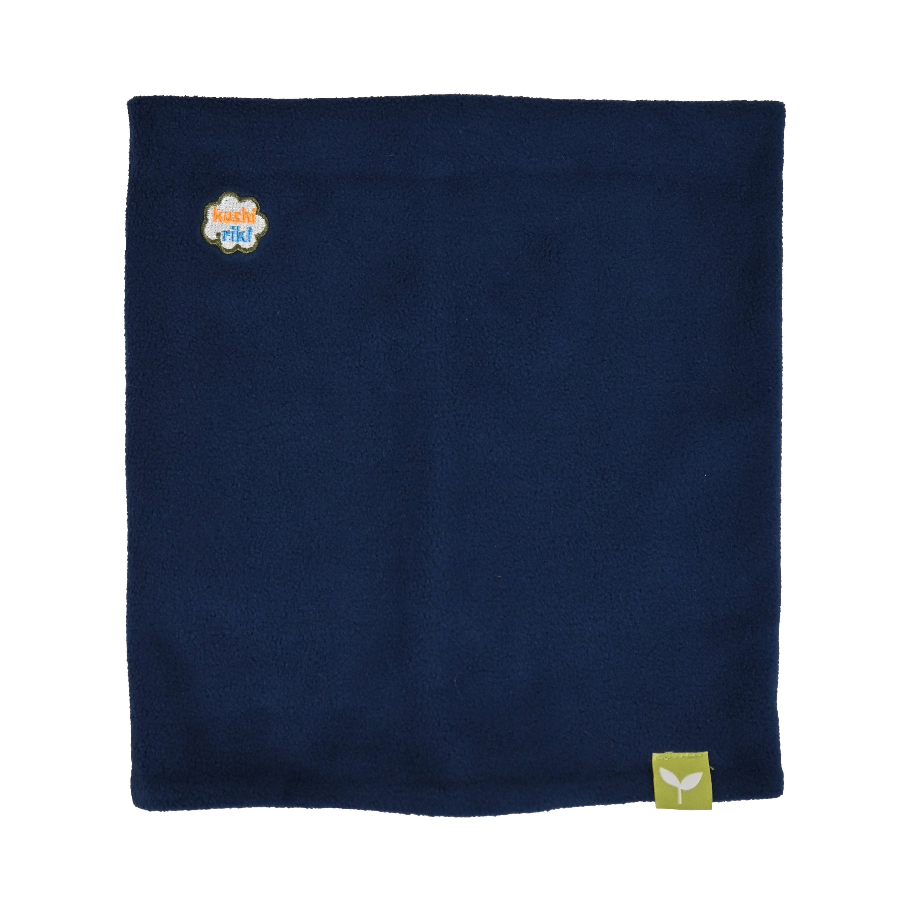 Kids Neck Gaiter made of double-layered cozy fleece, featuring a stylish logo patch and seamless design for comfort.
