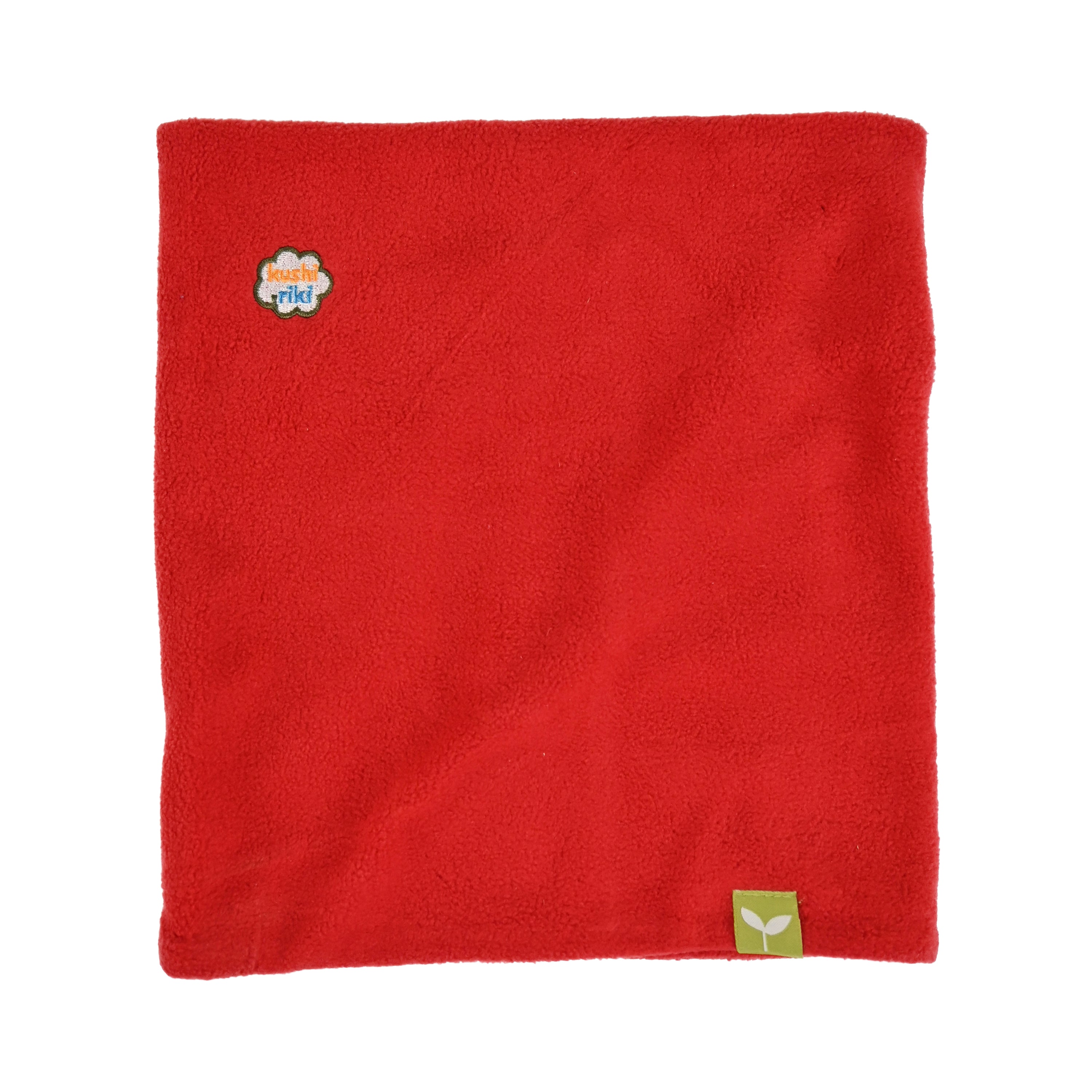 Kids Neck Gaiter made of double-layered cozy fleece, featuring a stylish logo patch and seamless design for comfort.